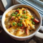 A close-up of a bowl of creamy Cajun potato soup loaded with potatoes, sausage, melted cheddar, and green onions.