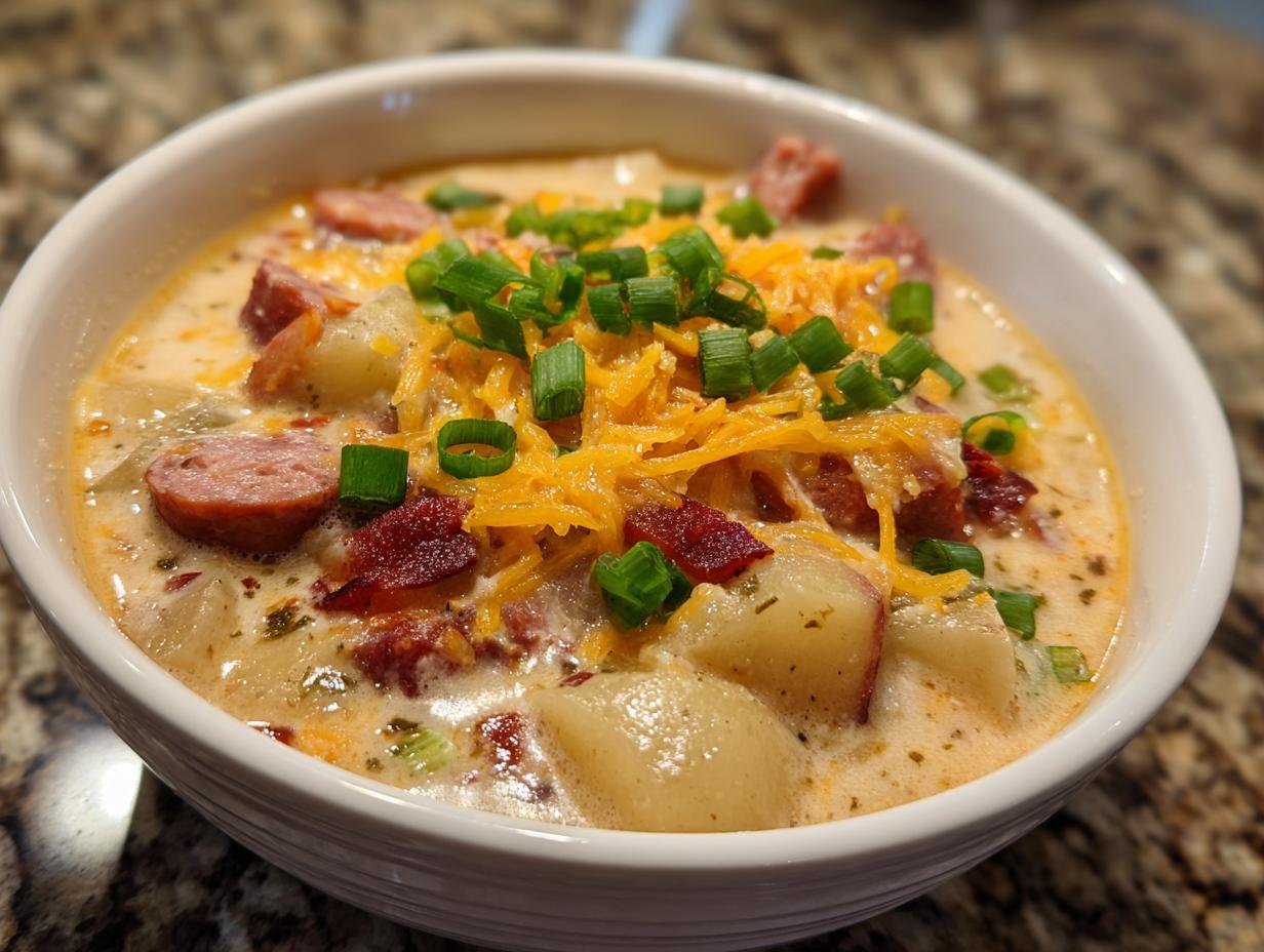 Close-up of a creamy bowl of Cajun potato soup topped with sausage, shredded cheese, and green onions.