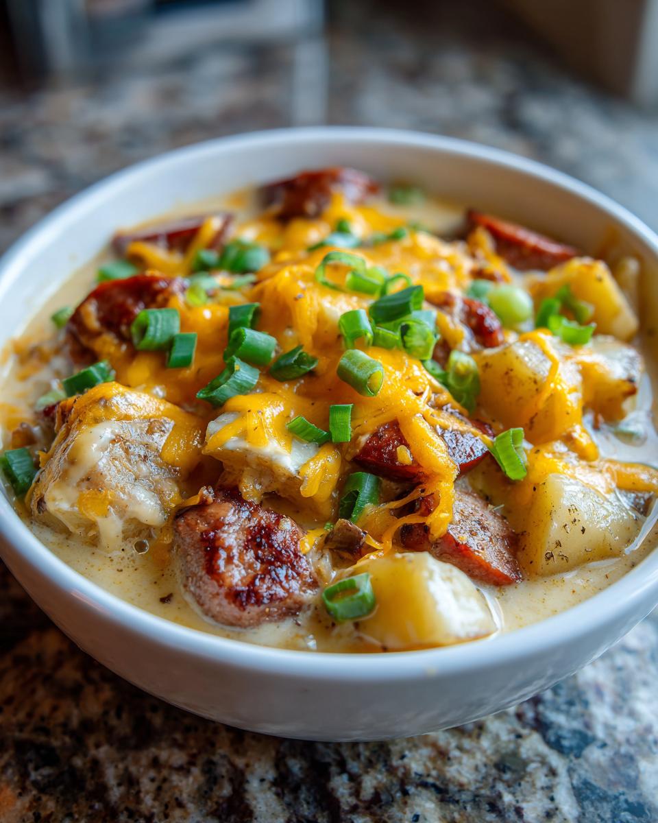 Close-up of a bowl of creamy Cajun potato soup topped with melted cheddar cheese, sliced sausage, and green onions.