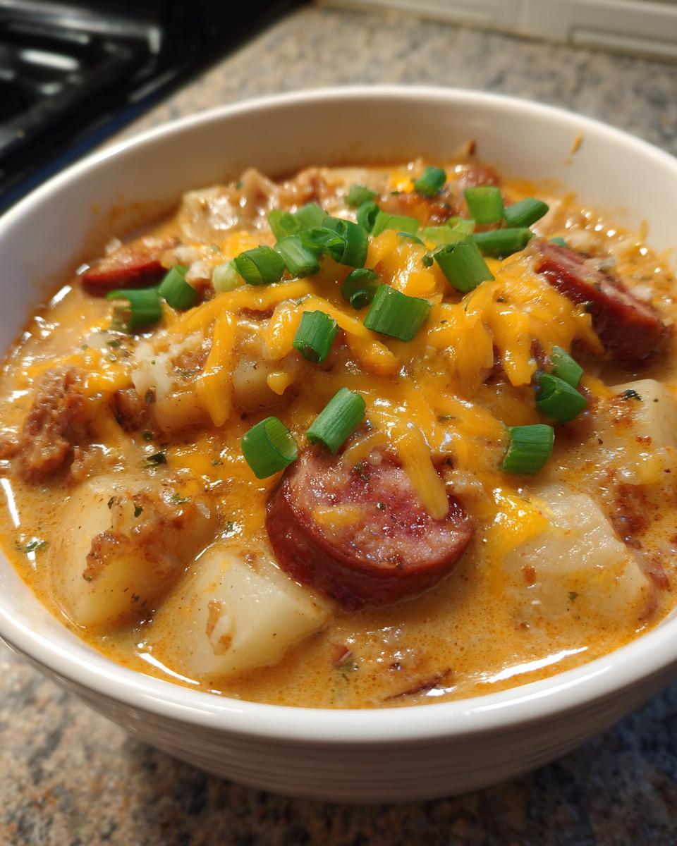 Close-up of a rich bowl of cajun potato soup, loaded with chunks of potato, sliced sausage, melted cheddar cheese, and green onions.