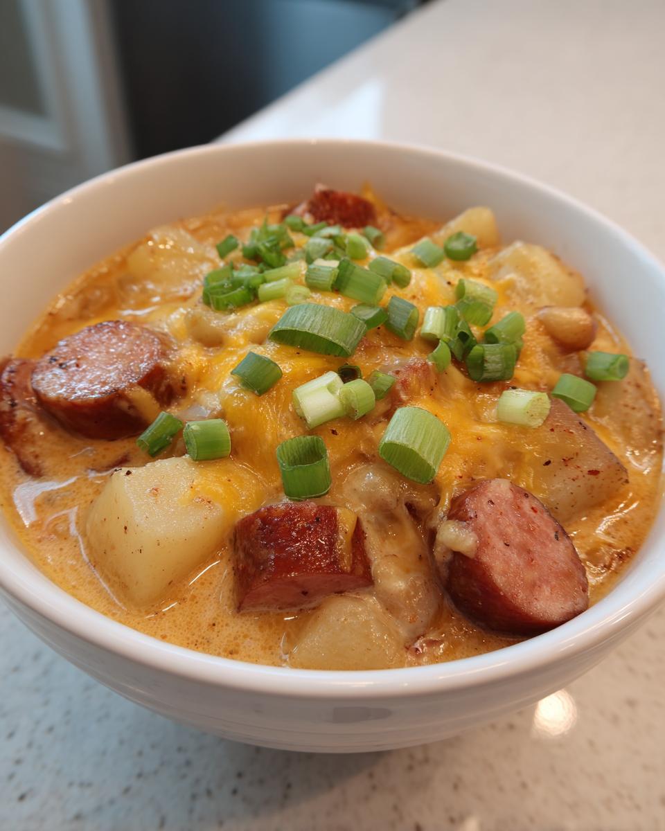 A close-up of a white bowl filled with creamy Cajun potato soup, featuring chunks of sausage, melted cheese, and green onion garnish.