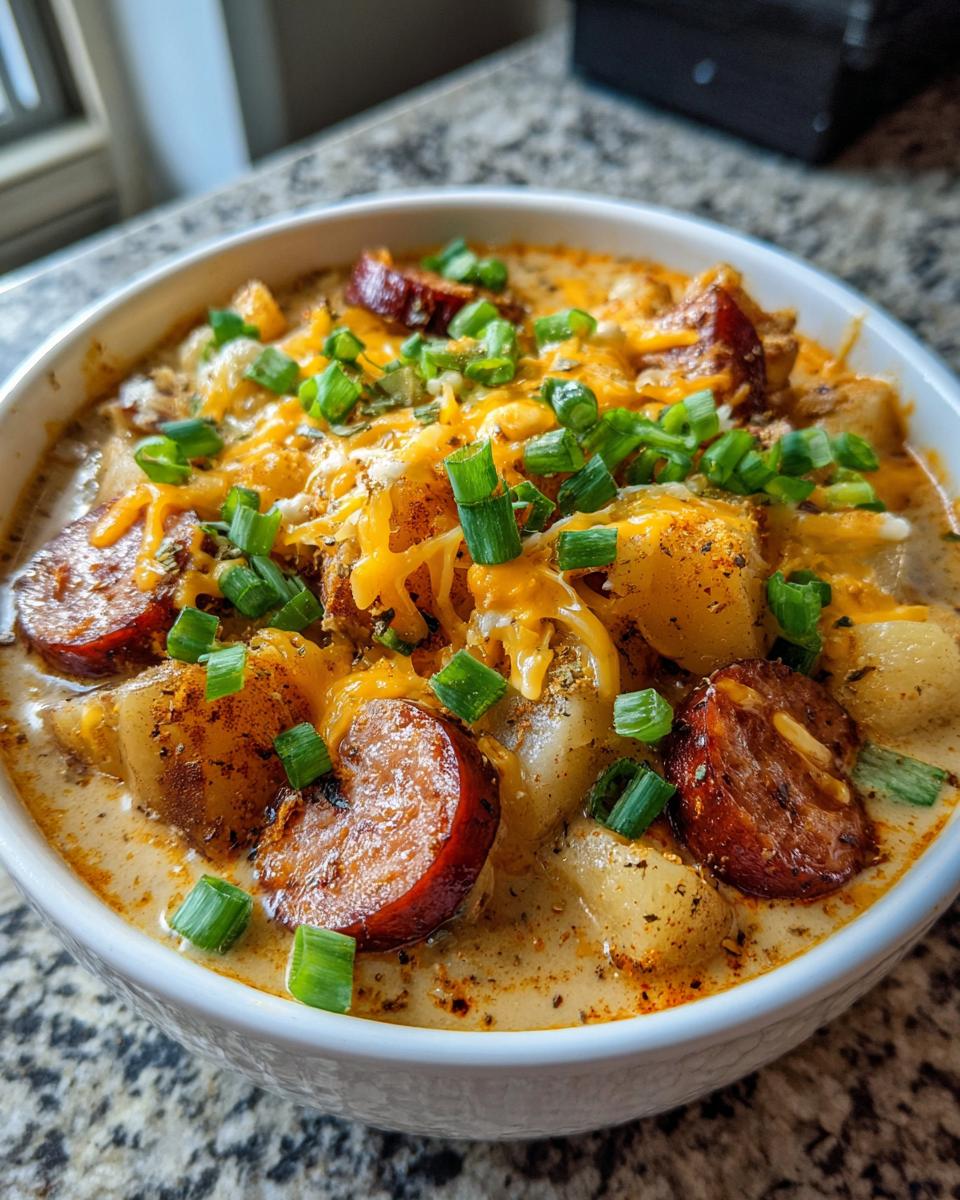 Close-up of a rich bowl of Cajun potato soup topped with sliced smoked sausage, shredded cheddar cheese, and green onions.