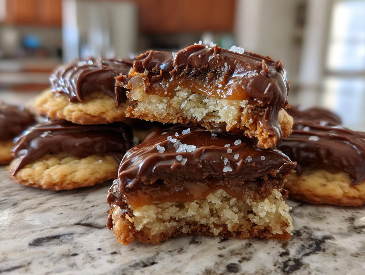 Close-up of Caramel Ritz Cracker Christmas Cookies cut in half showing layers of cookie, caramel, and chocolate topping with sea salt.