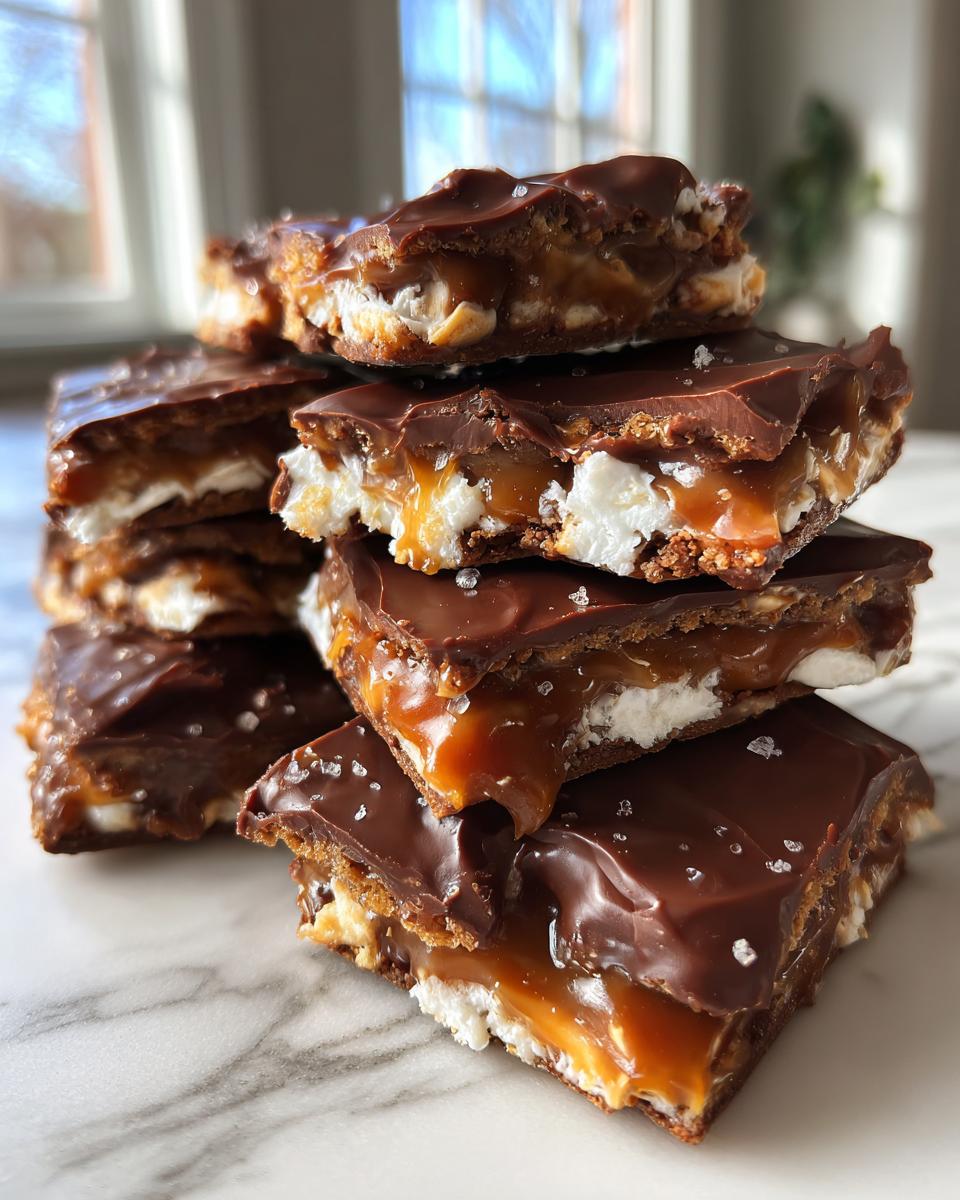 Stack of rich Caramel Ritz Cracker Christmas Cookies bars with gooey caramel and melted chocolate topping.