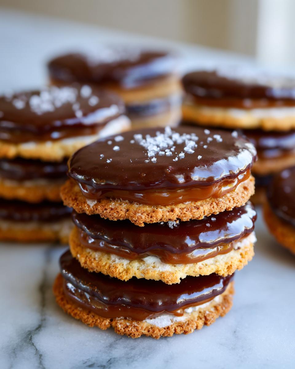 A stack of three Caramel Ritz Cracker Christmas Cookies layered with gooey caramel and topped with chocolate ganache and sea salt.