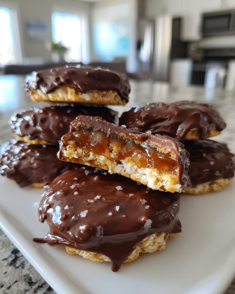 A stack of Caramel Ritz Cracker Christmas Cookies dipped in chocolate and sprinkled with sea salt.
