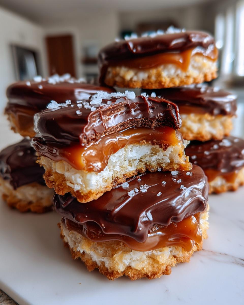 Stack of decadent Caramel Ritz Cracker Cookies topped with melted chocolate and sea salt flakes.