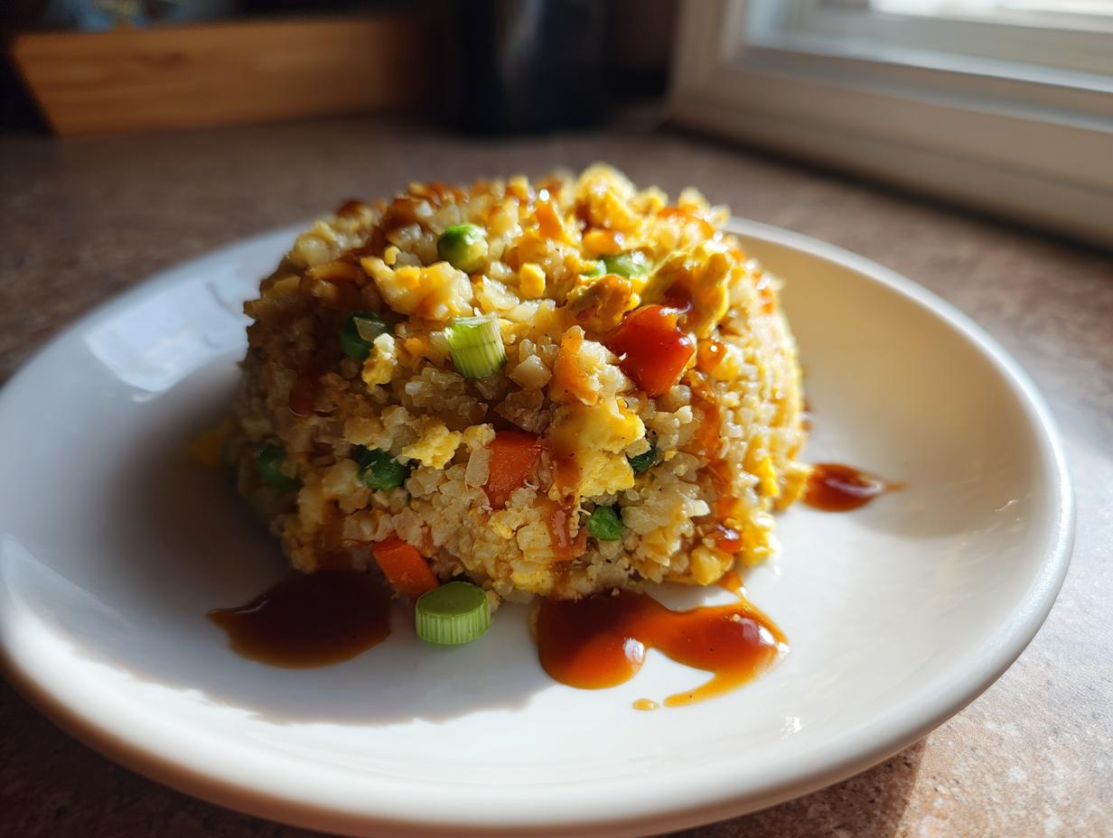 A molded serving of cauliflower fried rice mixed with egg, peas, and carrots, drizzled with sauce.