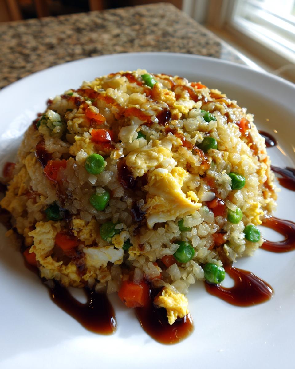 A perfectly mounded serving of cauliflower fried rice mixed with scrambled egg, peas, and carrots, drizzled with soy sauce.