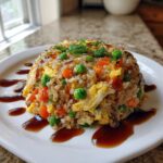 A dome-shaped serving of cauliflower fried rice mixed with carrots, peas, and scrambled egg, drizzled with soy sauce.