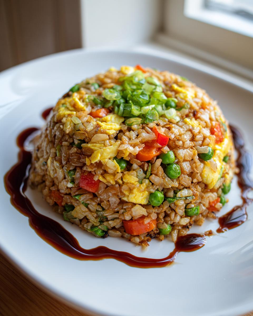 A dome-shaped serving of colorful cauliflower fried rice mixed with scrambled egg, peas, and carrots, topped with green onions.