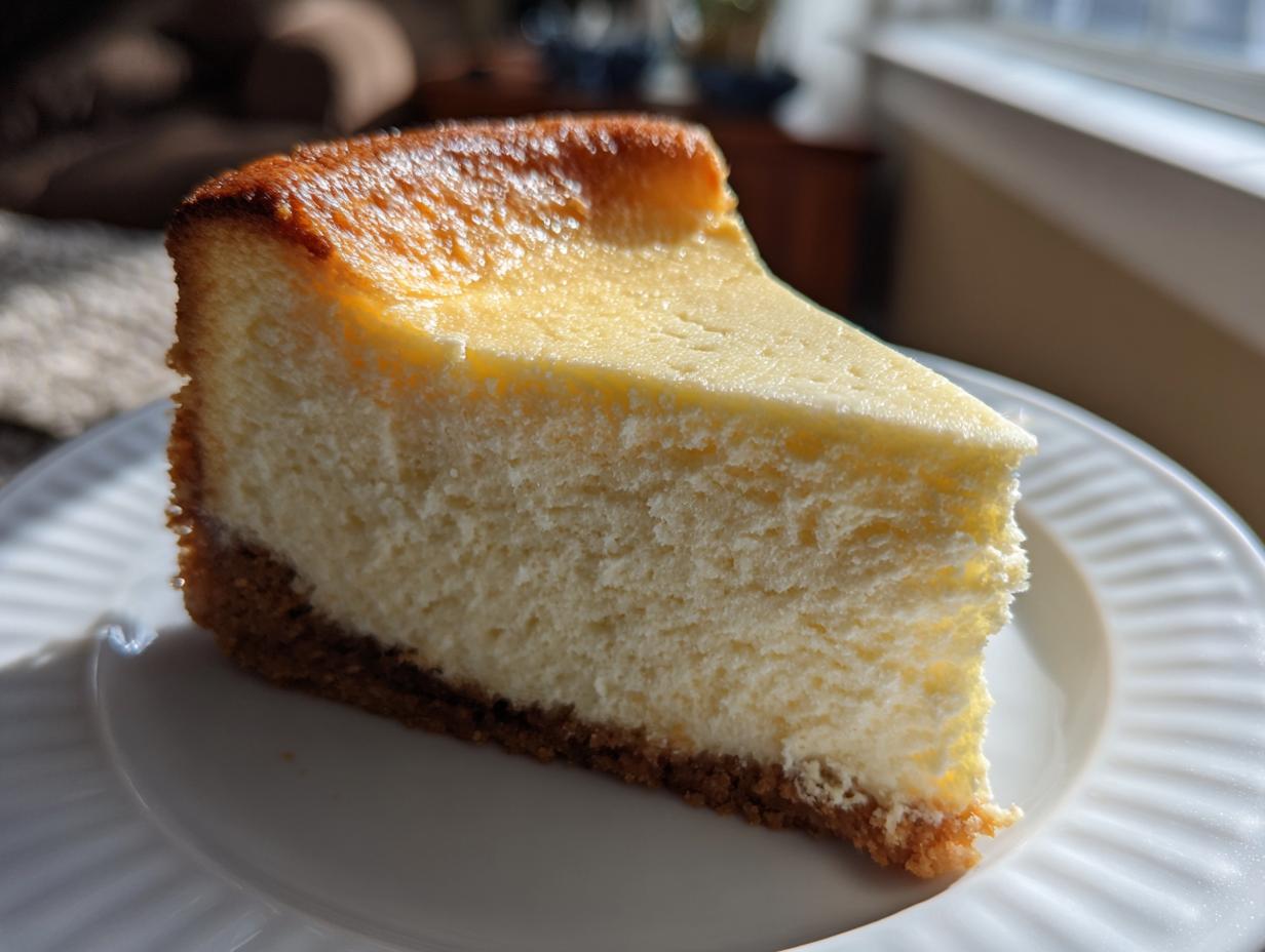 A thick, creamy slice of baked cheesecake recipe on a white plate, showing a graham cracker crust and slightly browned top.