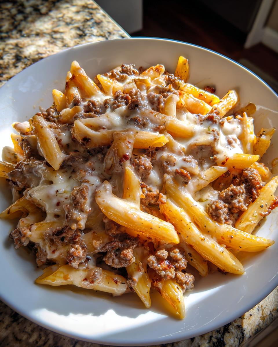 A close-up, brightly lit image of a white bowl filled with cheesy beef pasta made with penne noodles and ground beef.