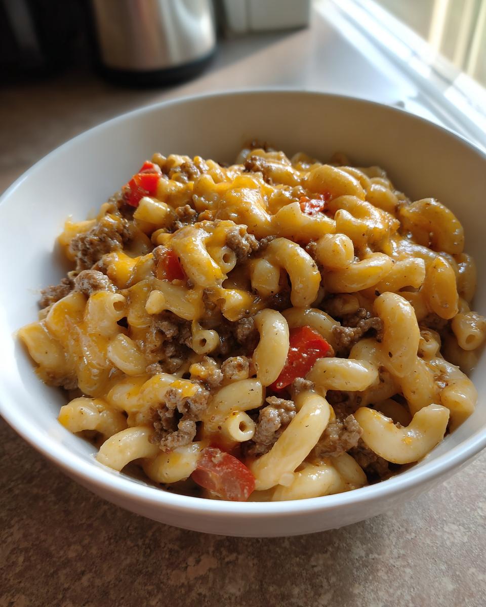 A close-up view of a white bowl filled with creamy, cheesy taco pasta mixed with ground beef and diced tomatoes.