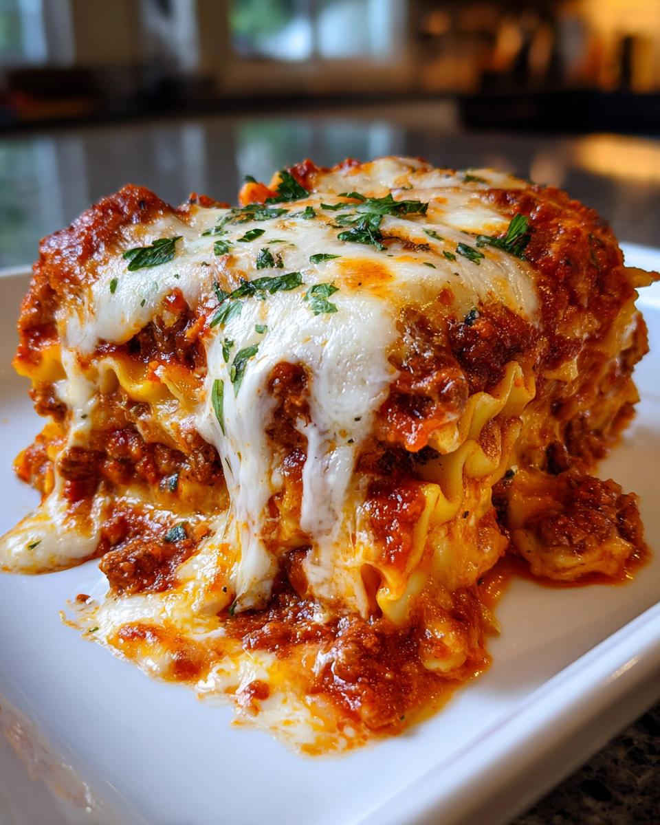 Close-up of a gooey, cheesy slice of baked ravioli layered with meat sauce and melted mozzarella.