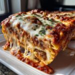 A gooey, cheesy slice of baked ravioli with rich meat sauce dripping down the side.