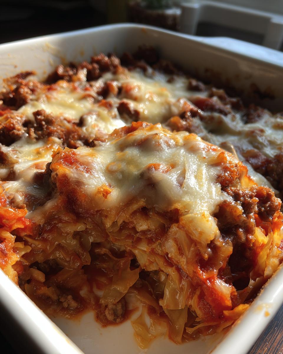 Close-up of a hearty baked cabbage recipe casserole with ground meat and melted cheese topping.