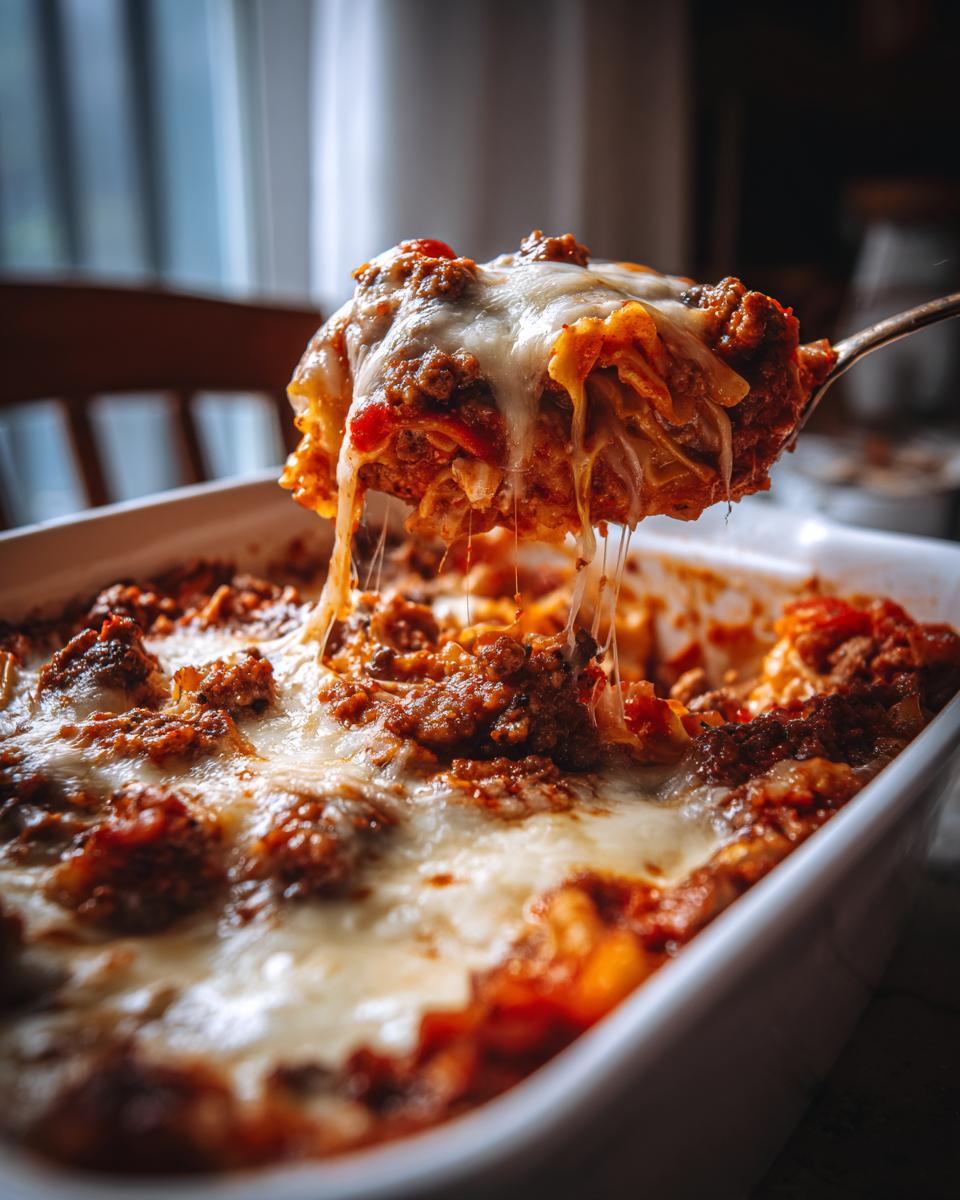 A spoonful of cheesy, saucy casserole being lifted from a white baking dish, featuring the cabbage recipe.