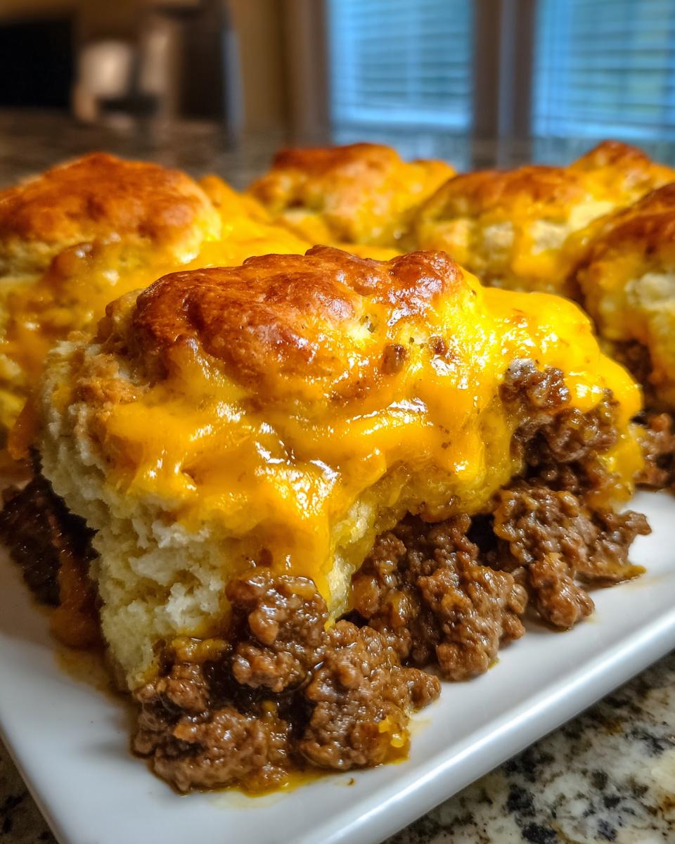 A close-up serving of john wayne casserole featuring seasoned ground beef topped with a fluffy biscuit and melted cheddar cheese.