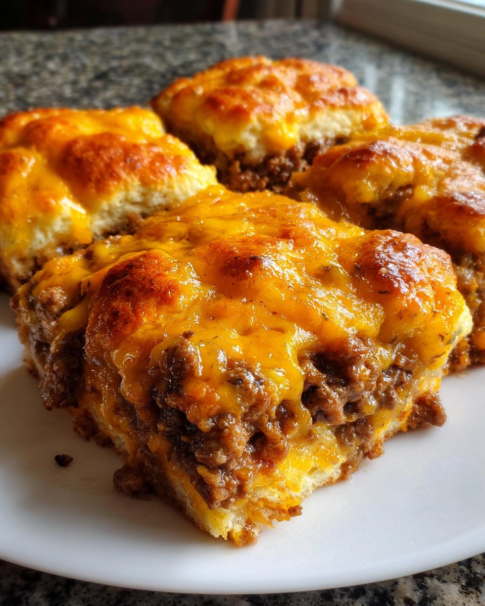 Close-up of baked squares of john wayne casserole topped with melted, golden cheddar cheese and seasoned ground beef.