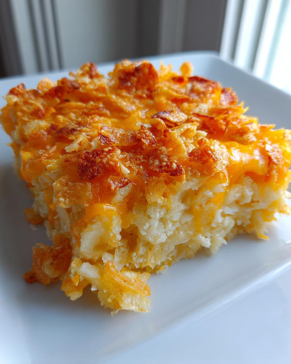 A close-up of a single serving of creamy potato casserole topped with melted cheddar cheese and crispy cornflakes.
