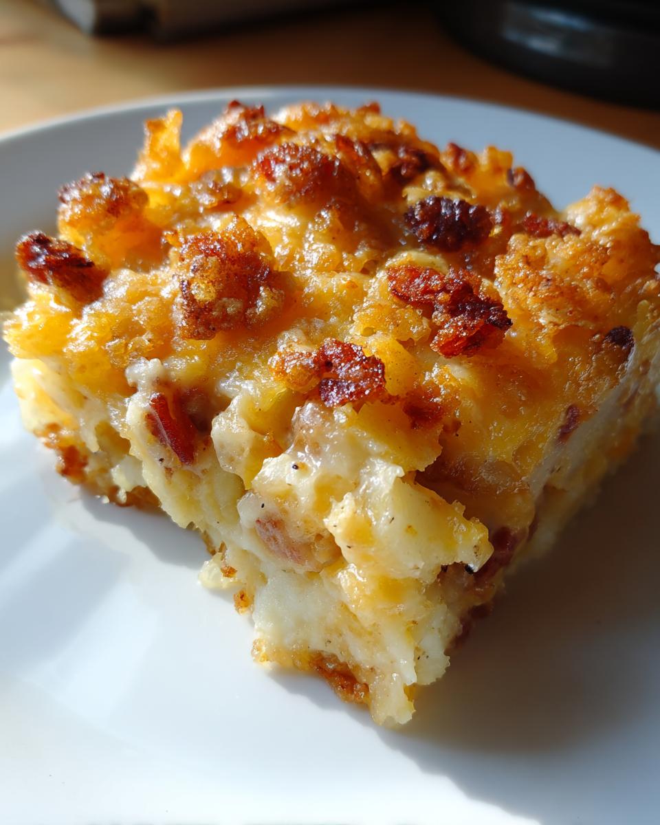 A close-up of a square serving of creamy potato casserole with a golden, crispy cheese and bacon topping.