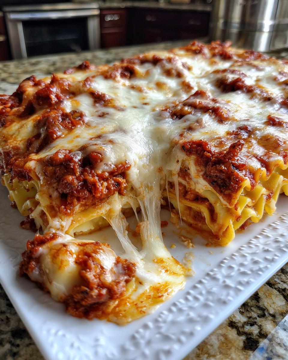 Close-up of a portion of baked ravioli being lifted, showing a dramatic cheese pull with rich sauce.