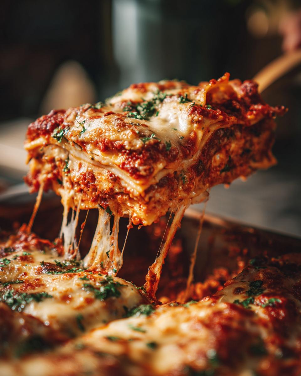 A gooey, cheesy slice of baked ravioli being lifted from the pan, showing long cheese pulls.