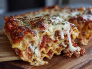 Close-up of a cheesy, saucy slice of baked ravioli with melted mozzarella stretching as it is lifted.