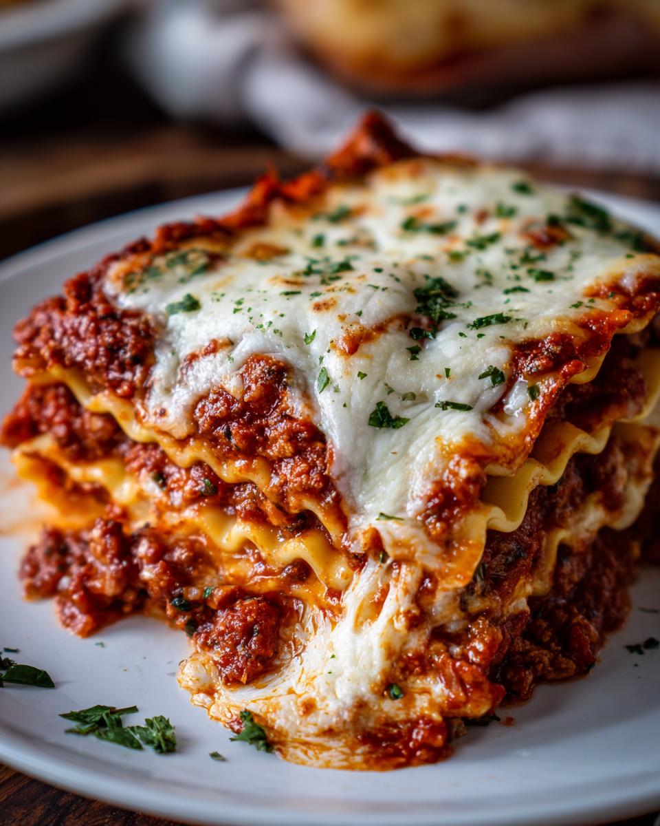 A close-up of a cheesy, layered slice of baked ravioli, covered in rich meat sauce and melted mozzarella.