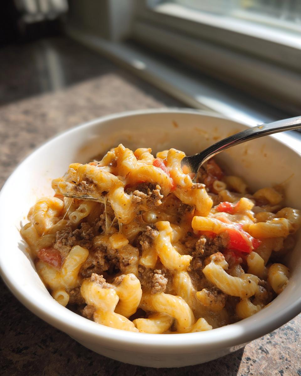 Close-up of a spoonful of cheesy taco pasta with ground beef and tomatoes being lifted from a white bowl.