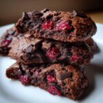 Close-up of three stacked, rich chocolate cherry cookies showing their chewy interior and chunks of chocolate.