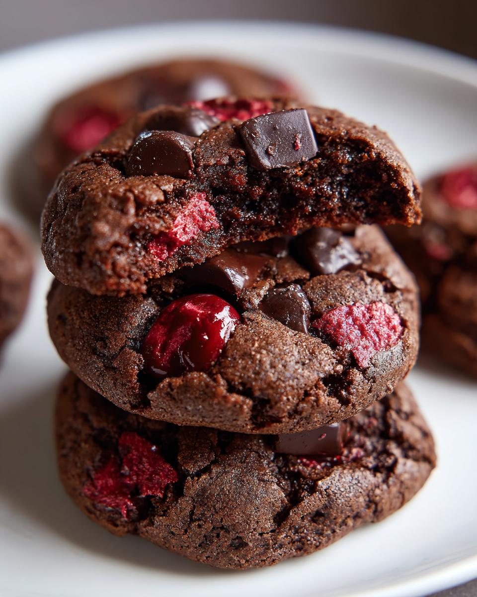 A stack of three rich, dark chocolate cherry cookies, with the top one broken open to show the chewy interior and melted chocolate chips.