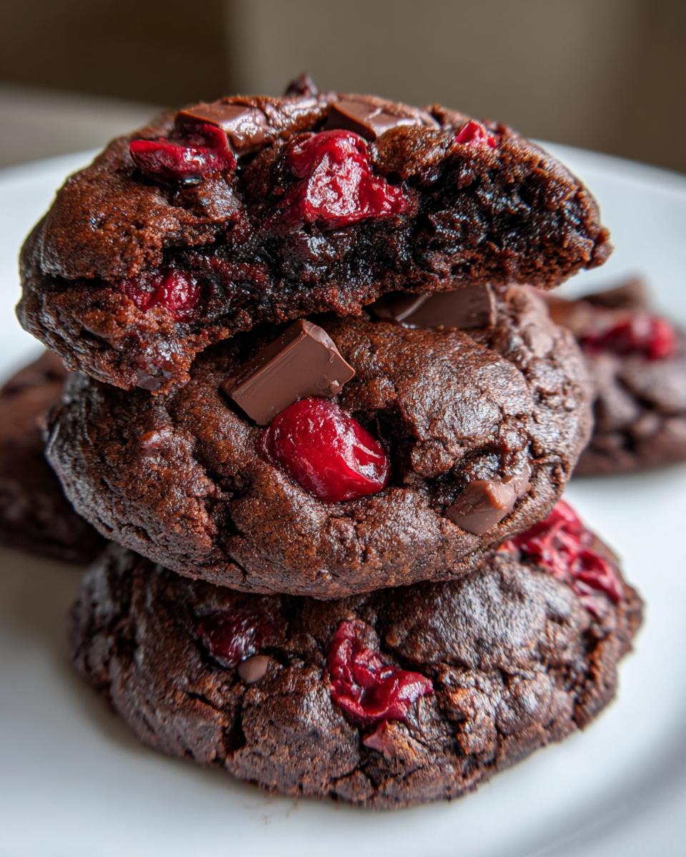 Close-up of a stack of three rich, dark chocolate cherry cookies showing a soft, chewy interior and visible chocolate chunks.
