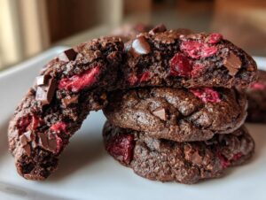 Close-up of a stack of rich, dark chocolate cherry cookies, one broken open showing the chewy interior and bright red cherries.