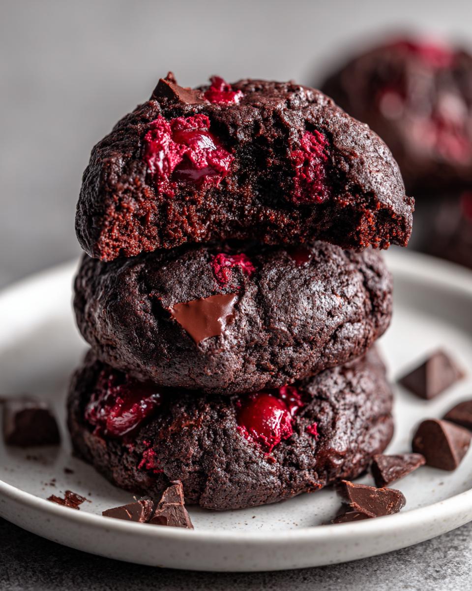 Close-up of a stack of three rich, dark chocolate cherry cookies, showing gooey cherry filling and chocolate chunks.