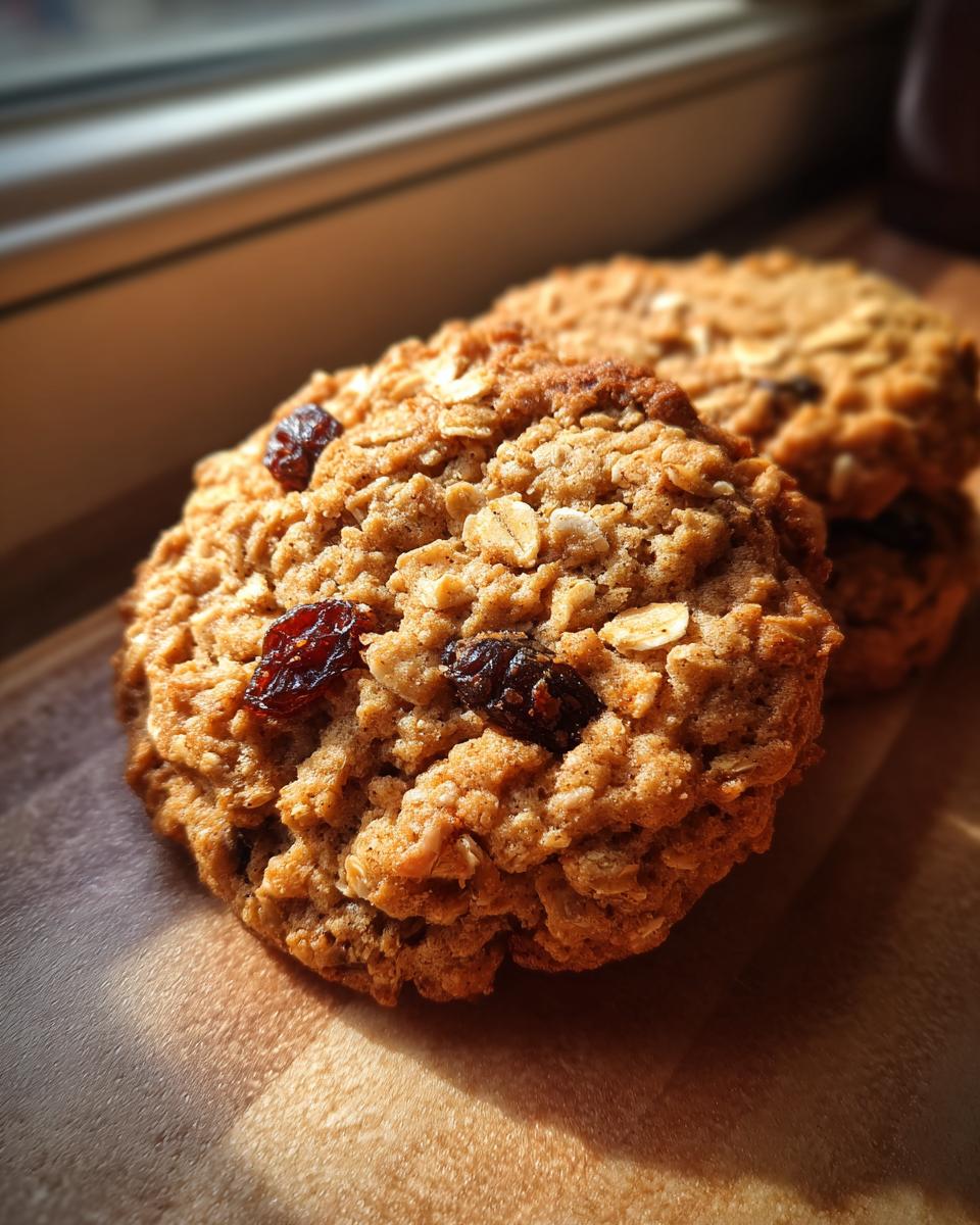 Close-up of a golden brown, textured oatmeal raisin cookie showing visible oats and plump raisins.