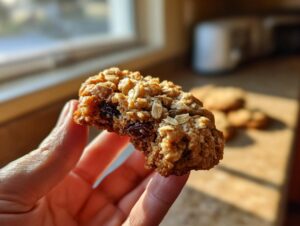 A close-up of a person holding a chewy oatmeal raisin cookie, showing visible oats and raisins inside.