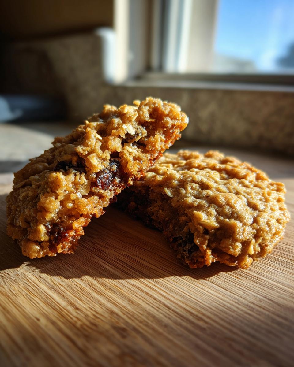 A close-up of a chewy oatmeal raisin cookie broken in half, showing the moist interior and raisins, set on a wooden board.