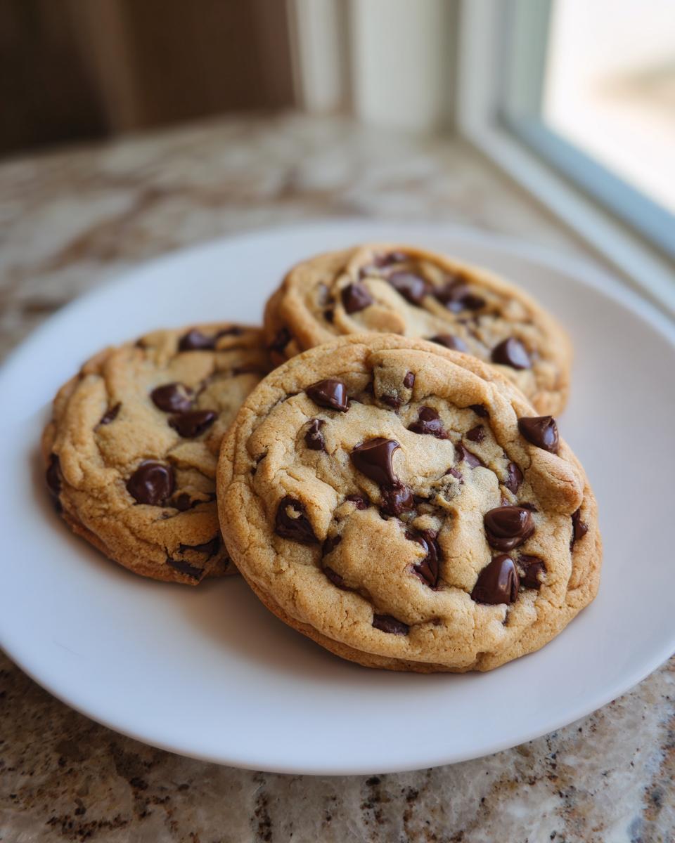 Three freshly baked vegan chocolate chip cookies stacked slightly on a white plate near a window.