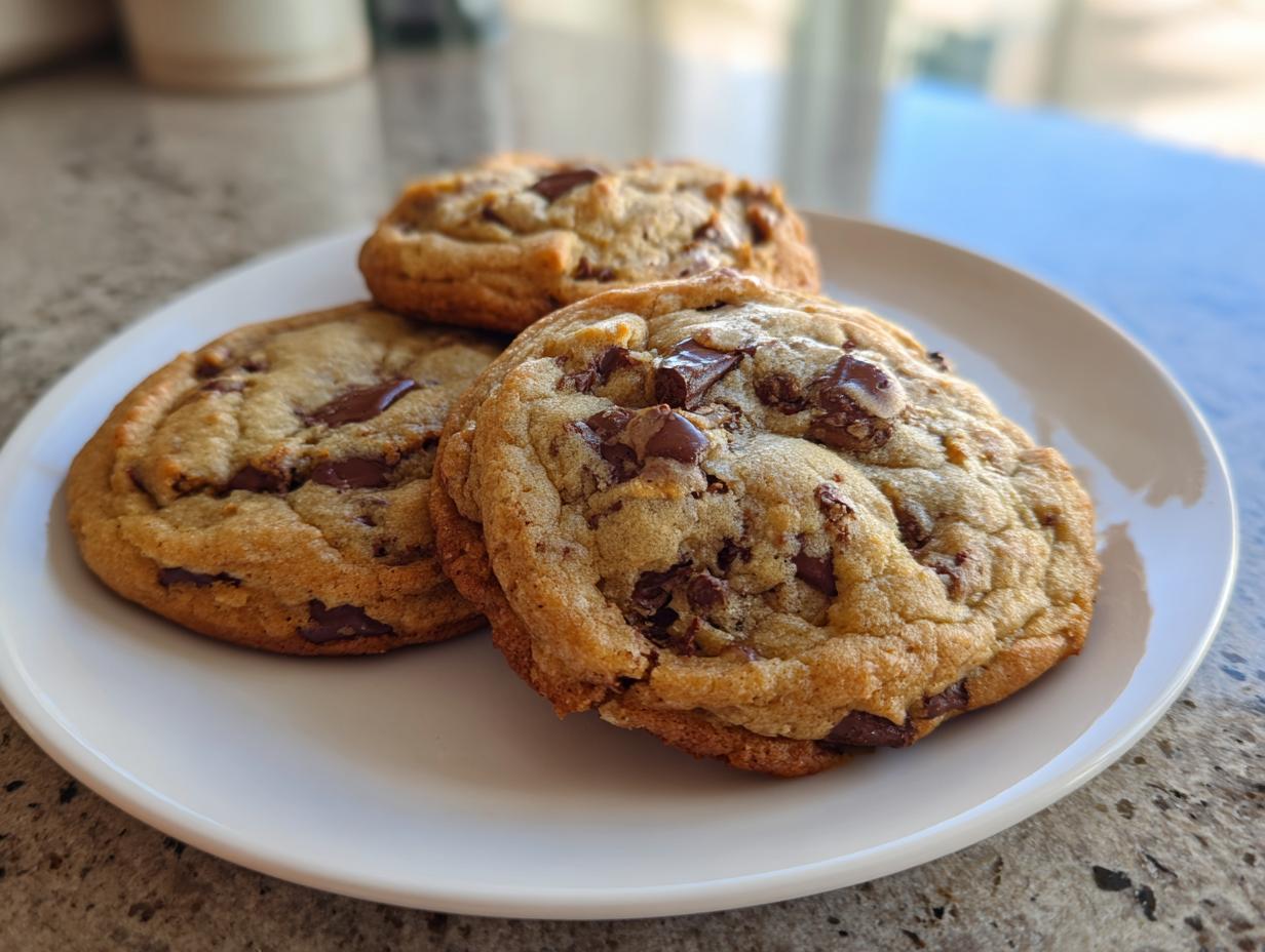 Close-up of three freshly baked vegan chocolate chip cookies piled on a white plate.