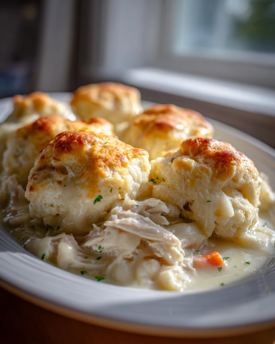 Close-up of fluffy, golden-topped biscuits served over shredded chicken in a creamy sauce, making chicken and dumplings with biscuits.