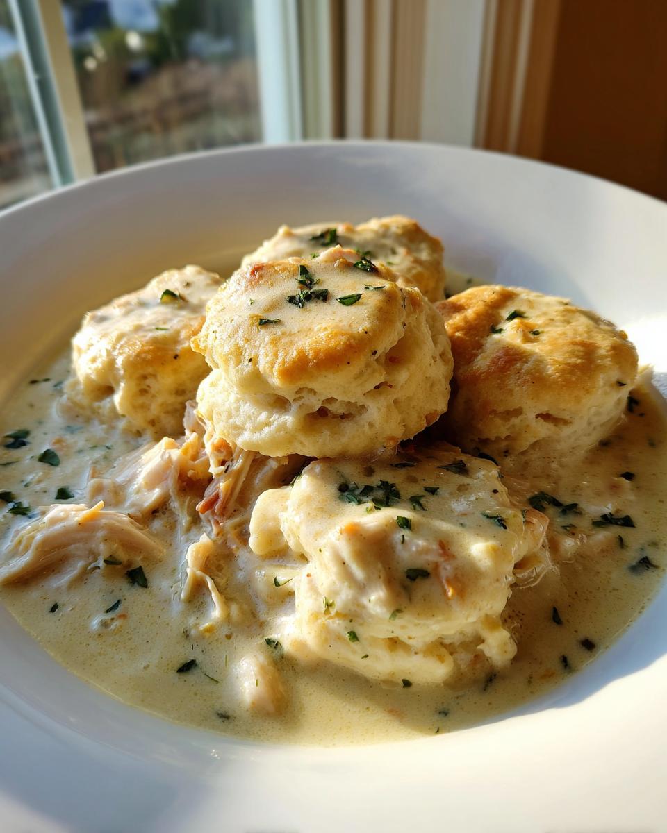Close-up of fluffy biscuits served over shredded chicken in a rich, creamy sauce, a perfect chicken and dumplings with biscuits.