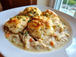 Four golden brown biscuits topping a creamy stew of shredded chicken and vegetables in a bowl of chicken and dumplings with biscuits.