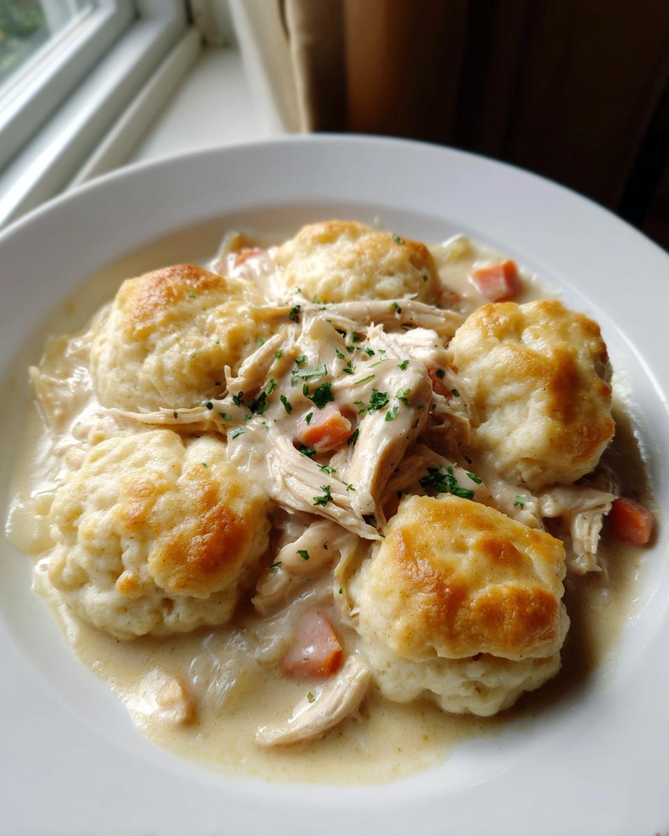 A bowl of creamy chicken and dumplings with biscuits, garnished with fresh parsley.