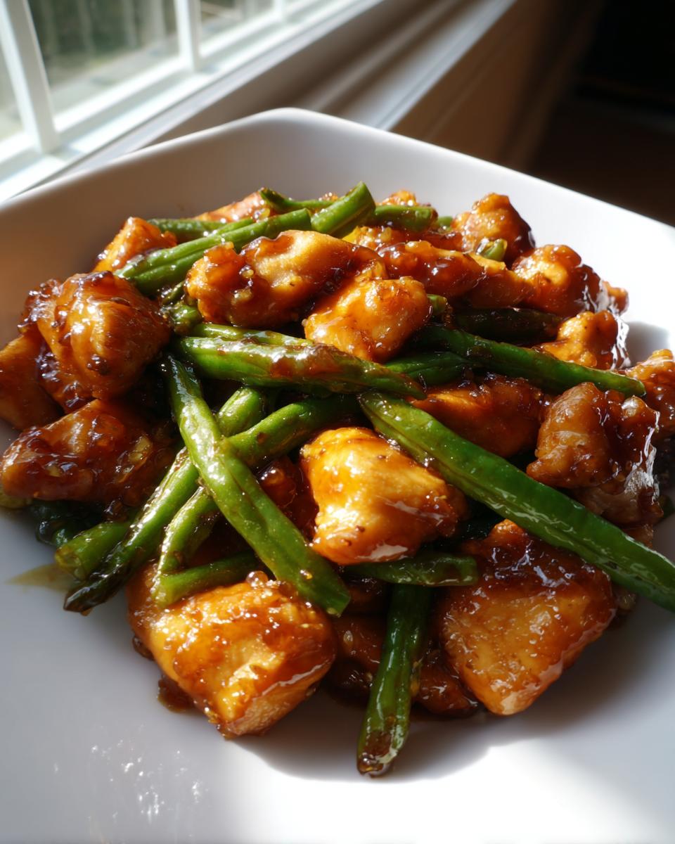 Close-up of glossy, saucy chicken and green beans served in a white square bowl near a sunny window.