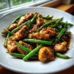 Close-up of a white plate filled with saucy chicken and bright green beans, a perfect chicken and green beans dish.