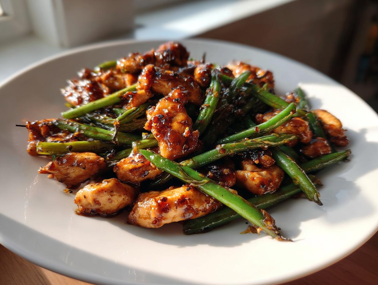Close-up of a plate featuring savory glazed chicken and bright green beans, highlighting the chicken and green beans dish.