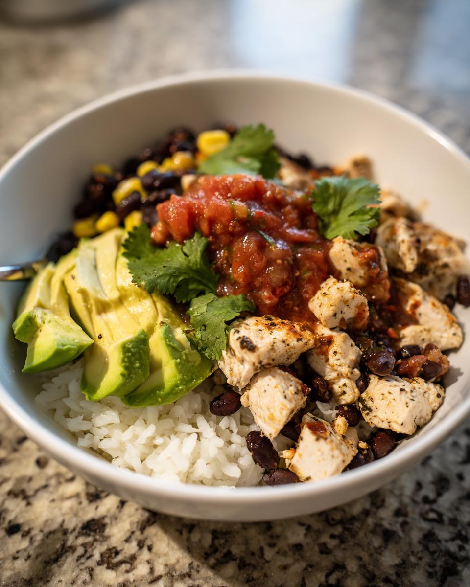 A close-up of a white bowl filled with a delicious chicken burrito bowl, featuring rice, seasoned chicken, avocado, black beans, salsa, and cilantro.