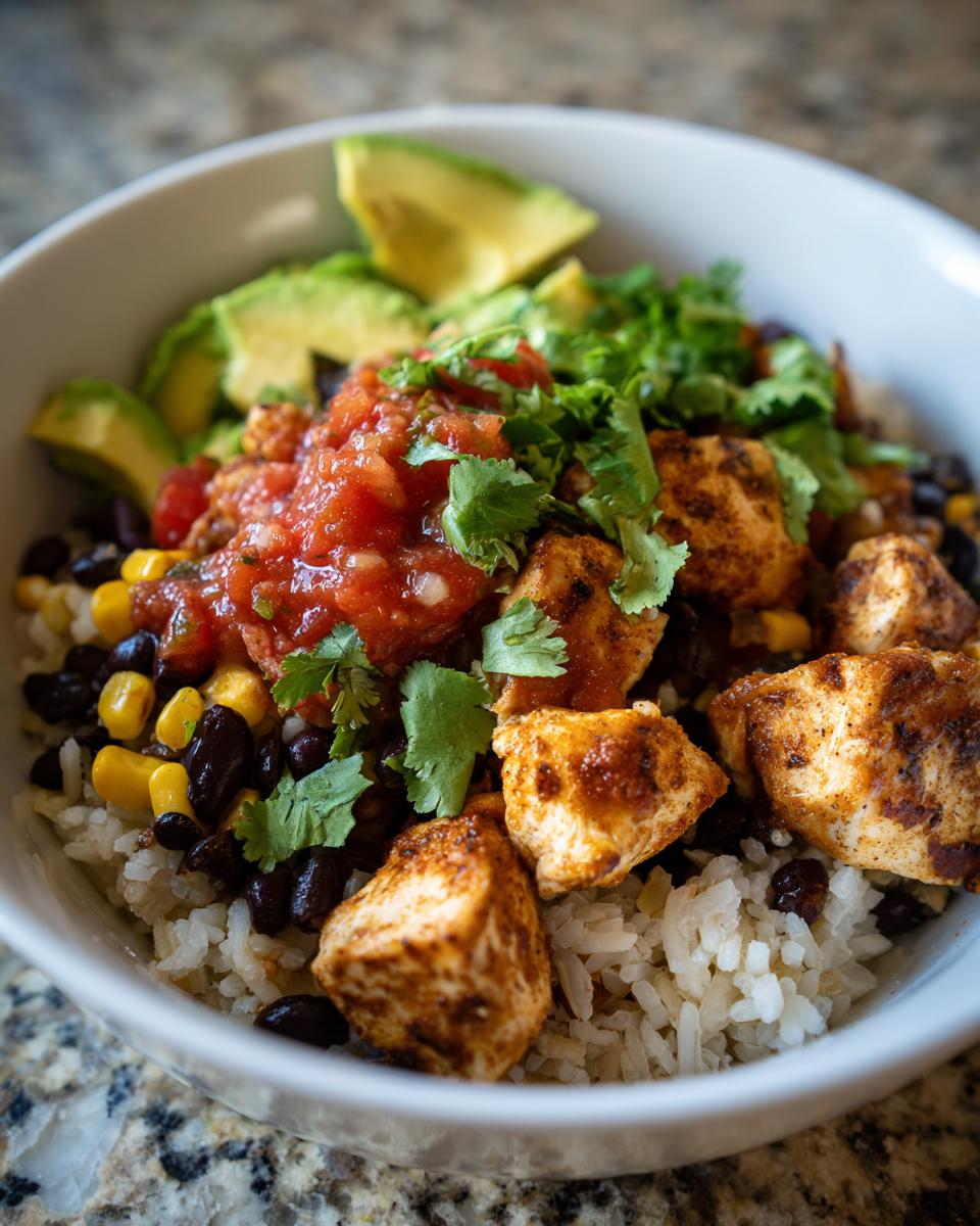 A close-up of a delicious chicken burrito bowl featuring seasoned chicken, rice, black beans, corn, salsa, avocado, and cilantro.